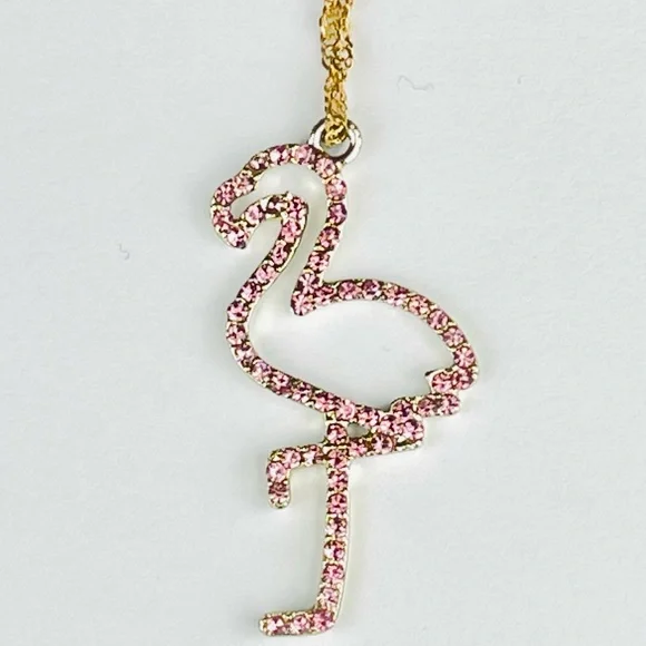🔴🔴 NEW Pink Flamingo Rhinestone Necklace Chain Necklace Pink - Picture 6 of 13